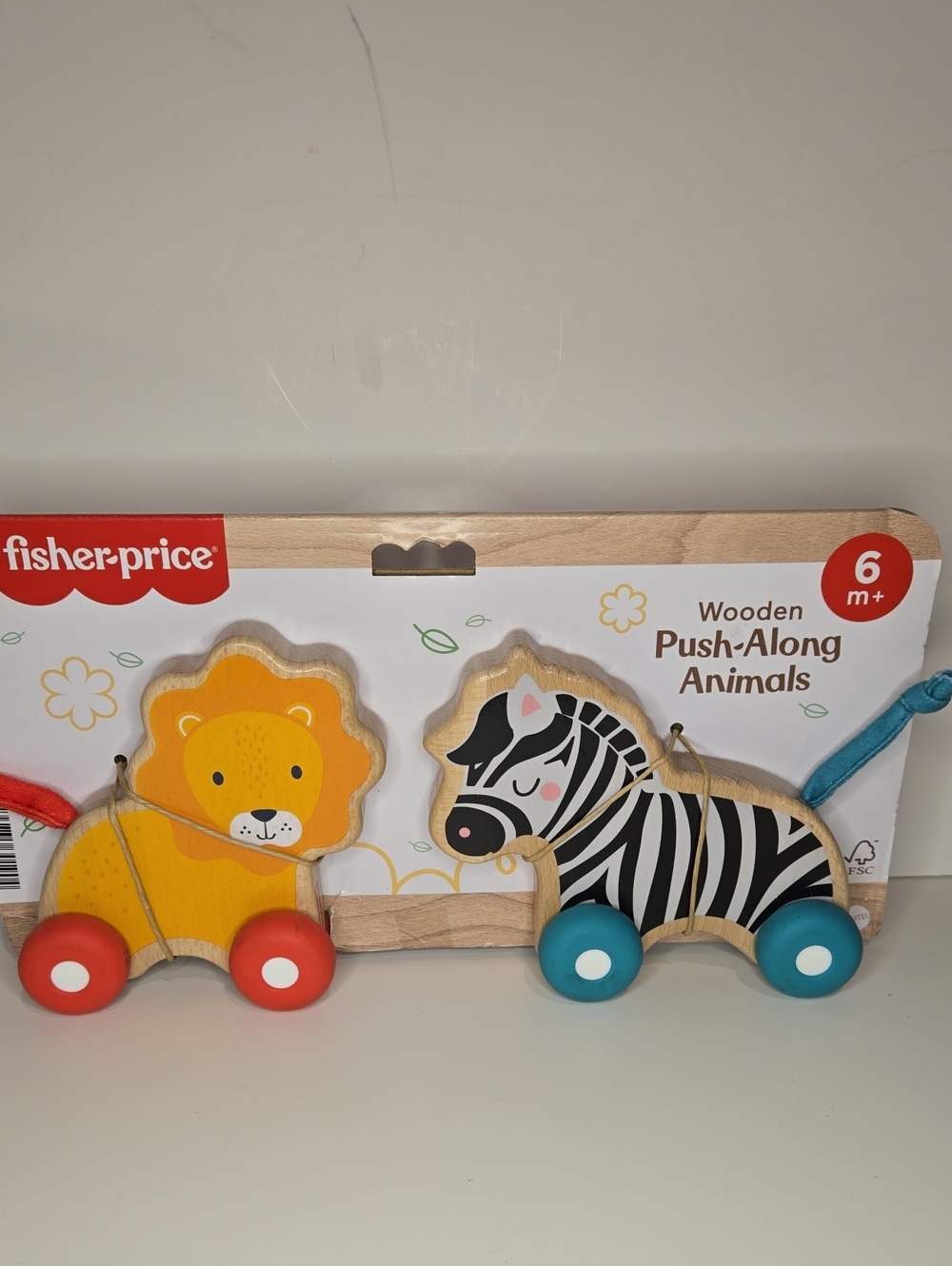 Fisher-Price Wooden Push-Along Animals - Yellow Lion & Black/White Zebra